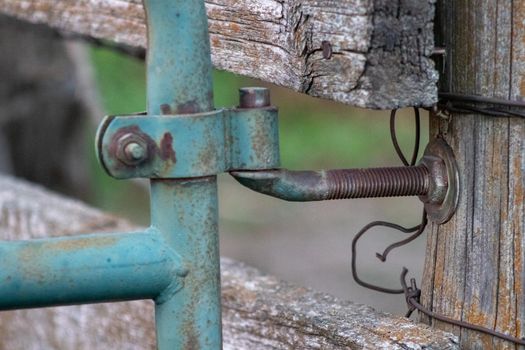 Close up of old wooden fence and gate in pasture . High quality photo