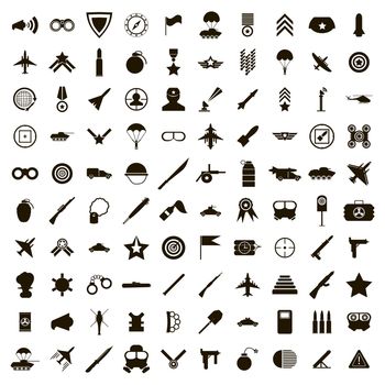 100 military icons set in simple style on a white background