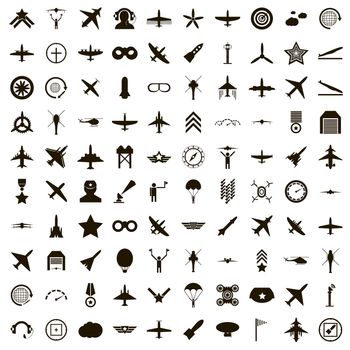 100 aviation icons set in simple style on a white background