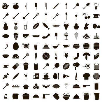100 food icons set in simple style on a white background