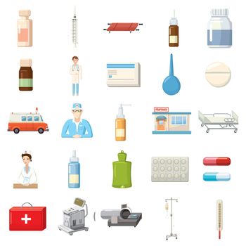 Medicine equipment icons set in cartoon style on a white background