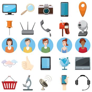 Office equipment icons set in cartoon style on a white background