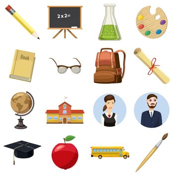 School icons set in cartoon style isolated on white background