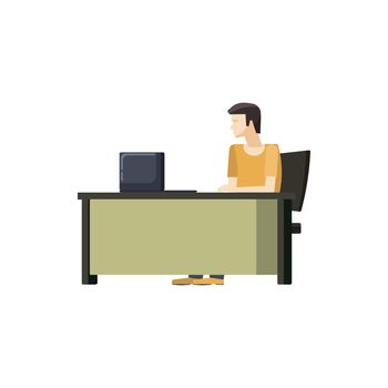 Man sitting at a computer desk icon in cartoon style on a white background