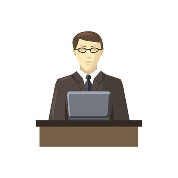 Businessman using his laptop icon in cartoon style on a white background