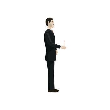 A businessman is extending his hand for a handshake icon in cartoon style on a white background