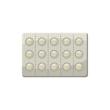 Round pills in a blister pack icon in cartoon style on a white background