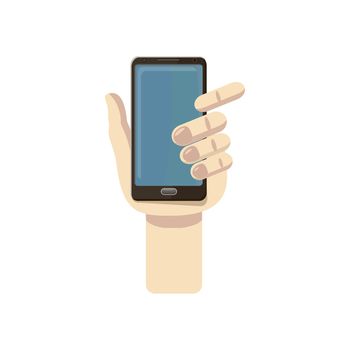 Mobile phone in hand icon in cartoon style isolated on white background