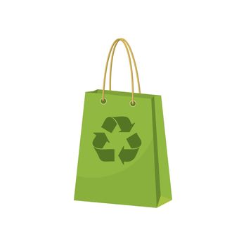 Green paper shopping bag with recycling symbol icon in cartoon style on a white background