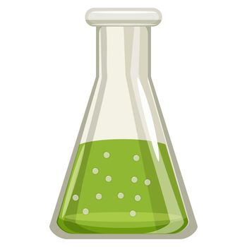 Chemical laboratory transparent flask with green liquid icon in cartoon style on a white background