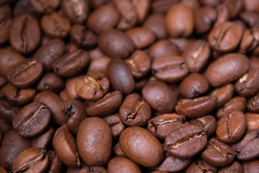 close up Freshly roasted coffee beans background. top view.