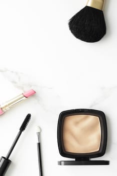 Make-up and cosmetics products on marble, flatlay background - modern feminine lifestyle, beauty blog and fashion inspiration concept