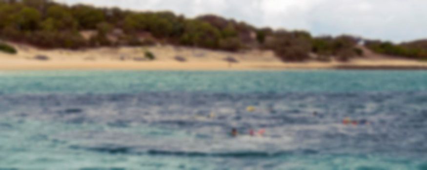 Blurry image of snorkelers viewing coral underwater off a beach - blurred background holiday theme