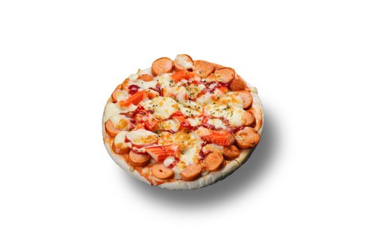 Sausage and Crab Stick Pizza isolated on white background.