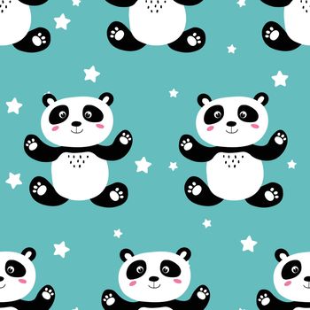 Seamless pattern with cute panda baby and stars on color background. Funny asian animals. Card, postcards for kids. Flat vector illustration for fabric, textile, wallpaper, gift wrapping paper.