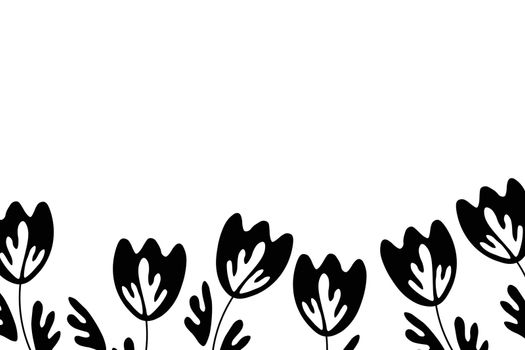 Floral frame based on traditional folk art ornaments. Black and white background. Ornate border with flowers. Vector illustration for wallpaper, posters, card. Scandinavian style. Copy space.