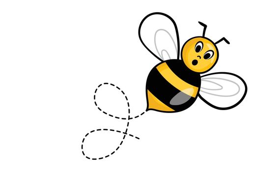 Set of cartoon bee mascot. A small bees flying on a dotted route. Wasp collection. Vector characters. Incest icon. Template design for invitation, cards. Doodle style.