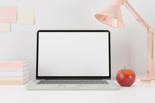 Workspace with mockup blank screen laptop computer. 3D Rendering.