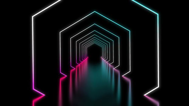 Hexagonal neon background in purple blue colors. Tech background futuristic space tunnel light.