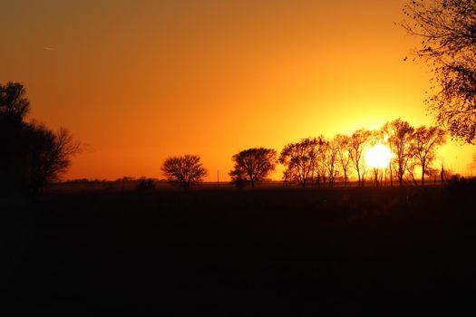 Nebraska sunset behind trees and over fields . High quality photo