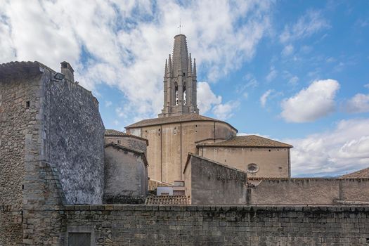 Bell tower of the Church of St. Philip (Girona, Spain). Stock photo.
