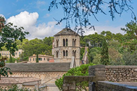 observation tower and the city wall of the 19th-century development in the vicinity of the historic center of Girona (Spain), Stock Photo