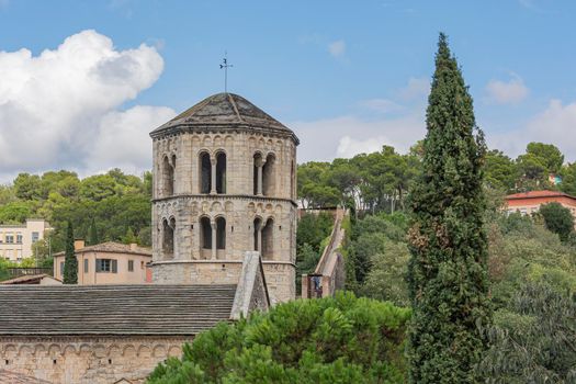 An observation tower and a city wall built in the XIX century in the vicinity of the historical center of Girona (Spain). Stock Photo