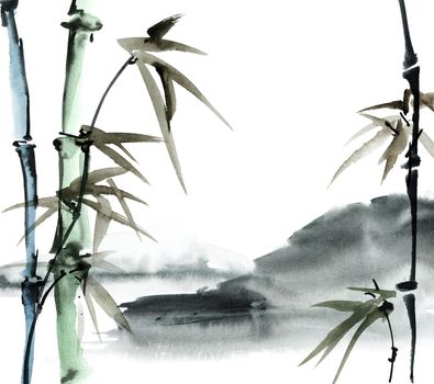 Chinese landscape with bamboo and mountains. Oriental traditional painting in style sumi-e, gohua and u-sin. Watercolor and ink illustration on white background.