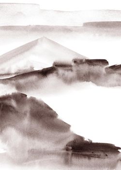 Abstract asian landscape with mountain. Oriental traditional painting in style sumi-e, gohua and u-sin. Watercolor and ink illustration on white background.