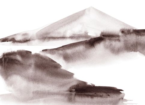 Abstract asian landscape with mountain. Oriental traditional painting in style sumi-e, gohua and u-sin. Watercolor and ink illustration on white background.