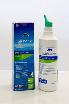 Calgary, Alberta, Canada. April 21, 2021. HydraSense Gentle Mist Nasal Spray, Daily Nasal Care, 100% Natural Source Seawater, Preservative-Free, 210 mL
