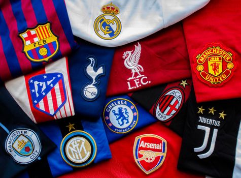 Barcelona, Catalonia, Spain. April 19, 2021. Horizontal view of The Super League or European Super League teams jerseys. annual club football competition to be contested by an exclusive group of top European football clubs.