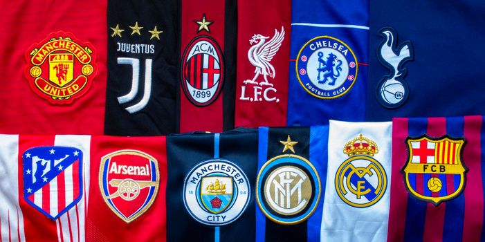 Anfield, Liverpool, Merseyside, England. April 19, 2021. A Horizontal Banner of the Super League or European Super League teams jerseys an annual club football competition to be contested by an exclusive group of top European football clubs.