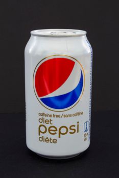 Calgary Alberta, Canada. May 1, 2021. A Caffeine free diet Pepsi on a dark background