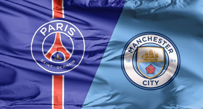 Calgary, Alberta, Canada. April 14, 2021. A flag with Paris Saint German vs Manchester City match of champions league.