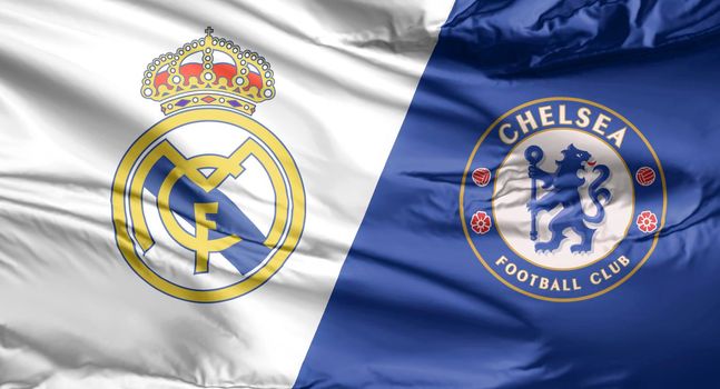 Calgary, Alberta, Canada. April 14, 2021. A flag with Real Madrid vs Chelsea match of champions league.