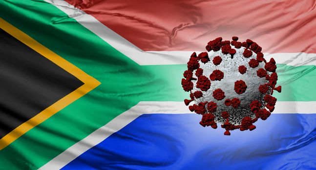 A South African flag with a Covid-19 virus. South African variant.
