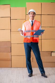 Man contractor working in box delivery relocation service