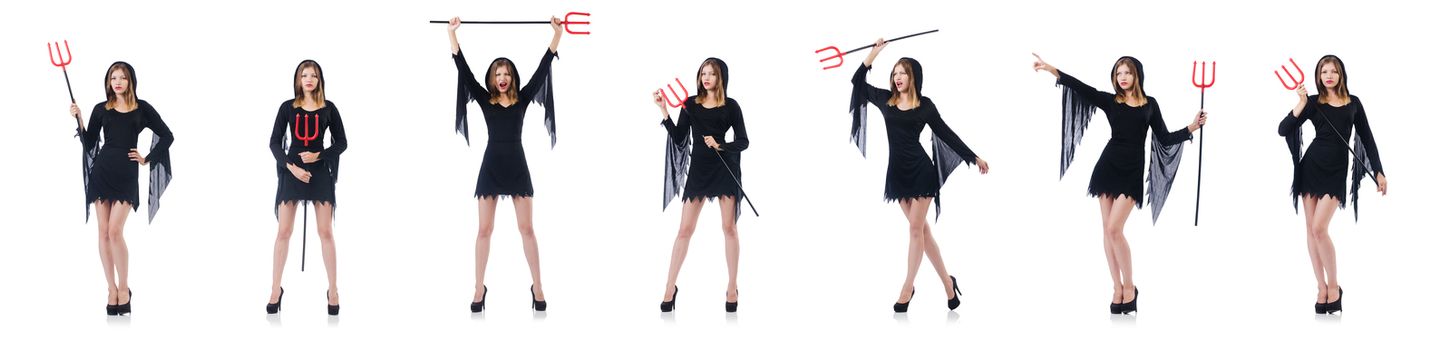 Woman devil with trident isolated on white