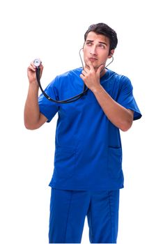 Young male doctor isolated on white background