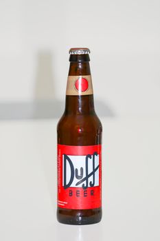 Calgary Alberta, Canada. Feb 15, 2021. A bottle of Duff Beer on a clear background