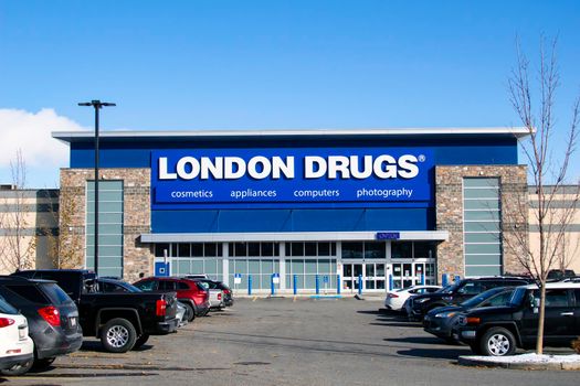 Calgary Alberta, Canada. Oct 17, 2020. London Drugs a Canadian retail store with headquarters in Richmond, British Columbia. Focus is on pharmaceuticals, electronics, housewares and cosmetics, with a limited selection of grocery items.