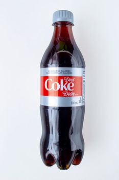 Calgary, Alberta, Canada. Oct 22. 2020. A Flat lay of a Diet Coke on white background.