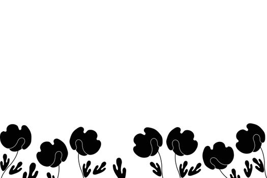 Floral frame based on traditional folk art ornaments. Black and white background. Ornate border with flowers. Vector illustration for wallpaper, posters, card. Scandinavian style. Copy space.