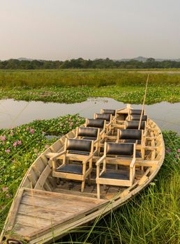 tourist boat with chairs on the jungle river. Jungle and river safari for tourists in Asia