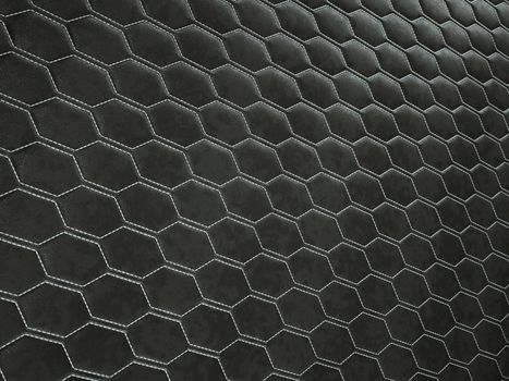 Leather stitched hexagon or honecomb black shiny texture or background with bumps. 3d render, 3d illustration