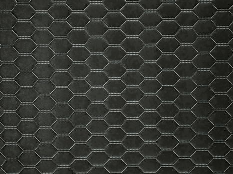 Leather stitched hexagon or honecomb black shiny texture or background with bumps. 3d render, 3d illustration