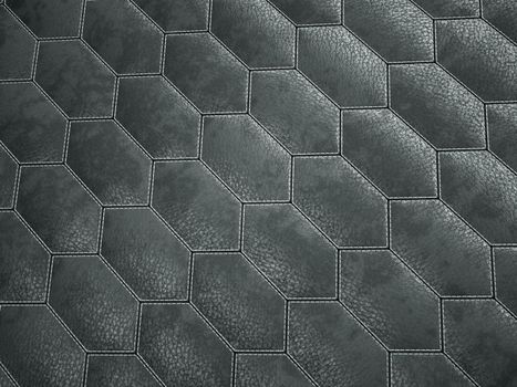 Leather stitched hexagon or honecomb black shiny texture or background with bumps. 3d render, 3d illustration