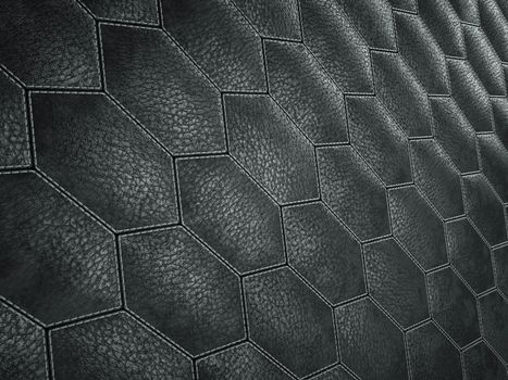 Leather stitched hexagon or honecomb black shiny texture or background with bumps. 3d render, 3d illustration