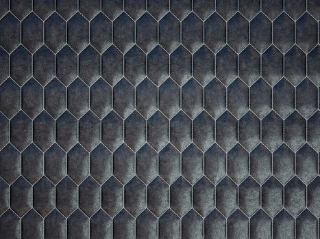 Leather stitched hexagon or honecomb black shiny texture or background with bumps. 3d render, 3d illustration